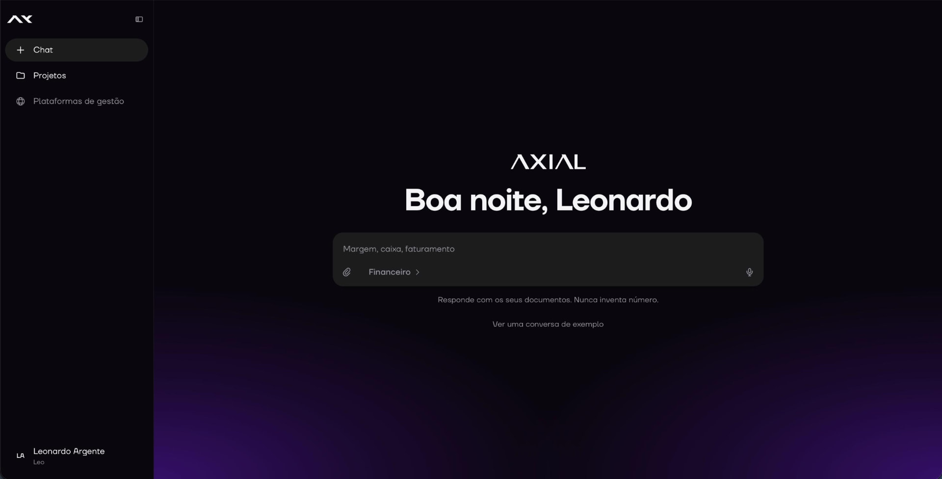 Tela inicial da Axia IA, a inteligência artificial da Axial, com campo de conversa para o gestor